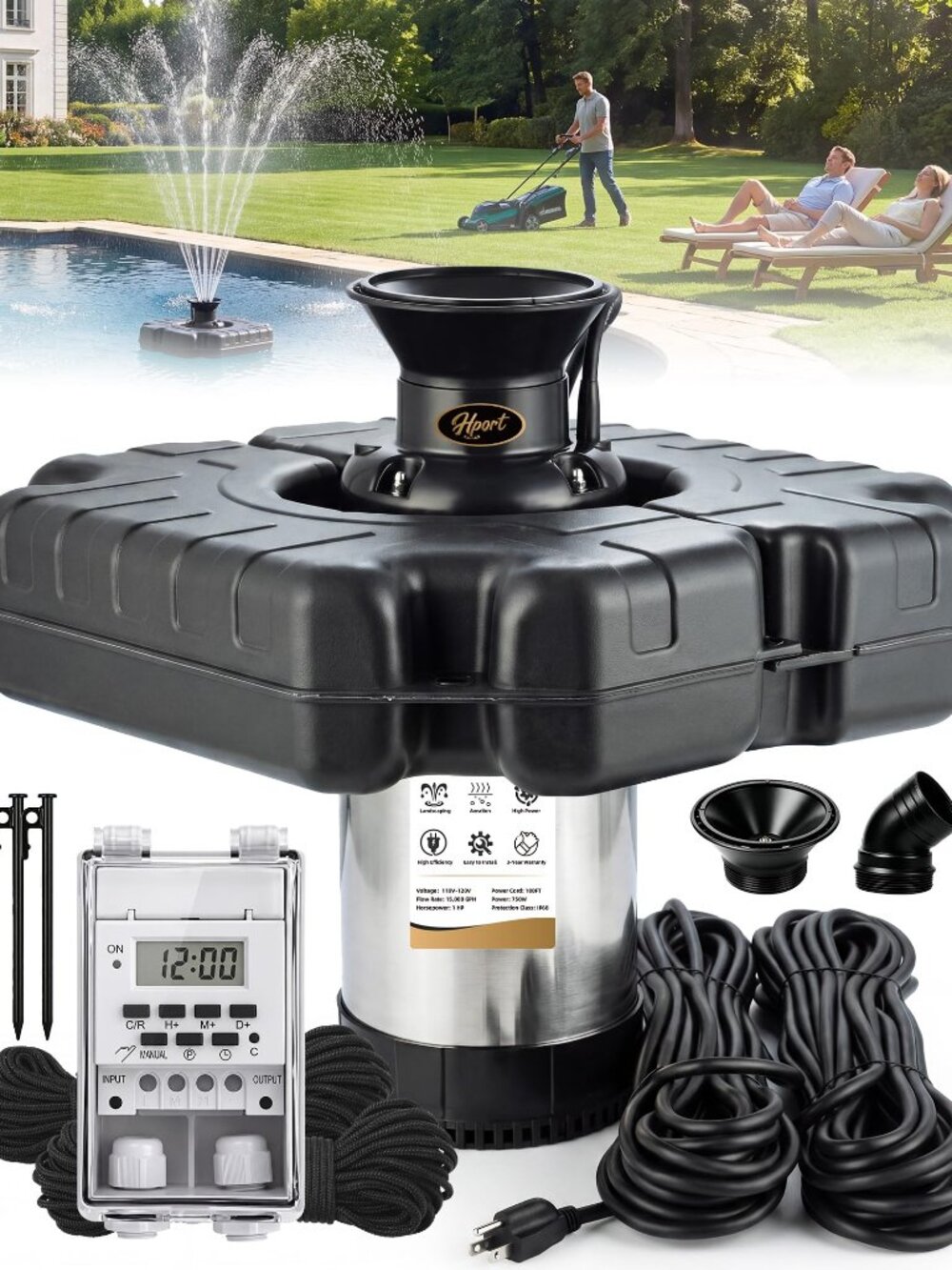 NEW Pond Fountain Aerator 1HP 750W 15000GPH 110V IP68 Fountains with Timer 100FT
